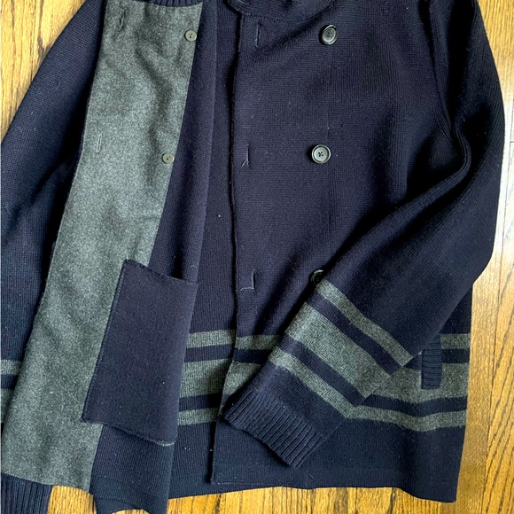Vince Double Breasted Navy Blue Sweater Jacket with Grey Stripes - Picture 7 of 11